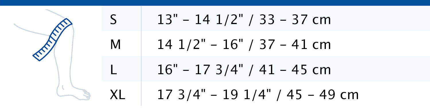 Size chart showing measurements for Actimove Sports Edition Adjustable Dual Knee Strap
 Size chart showing measurements for Actimove Sports Edition Adjustable Dual Knee Strap